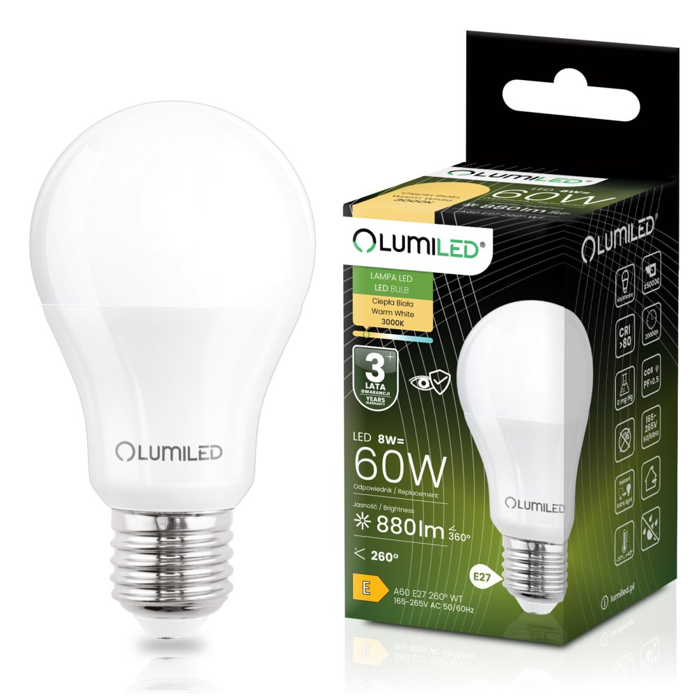 E-shop LED žiarovka E27 A60 8W = 60W 880lm 3000K teplá 260° LUMILED