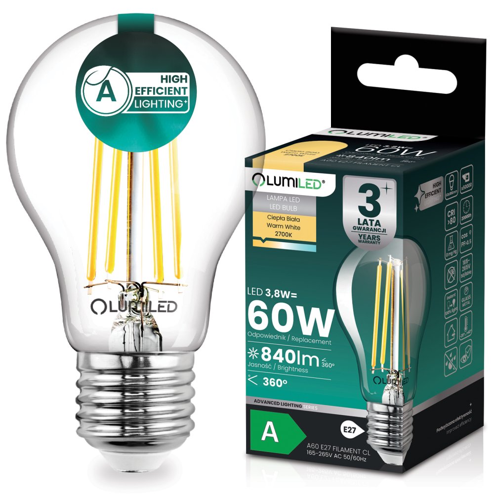 E-shop LED žiarovka E27 A60 3, 8W 840lm = 60W 2700K teplá 360° filament KLASA A LUMILED Lumiled