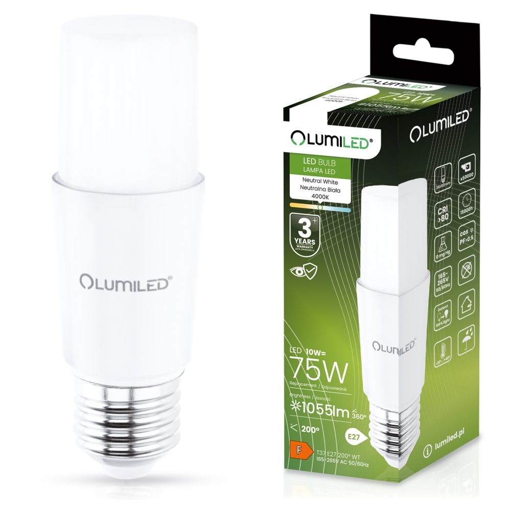 E-shop LED žiarovka E27 10W = 75W 1055lm 4000K Neutral Stick LUMILED