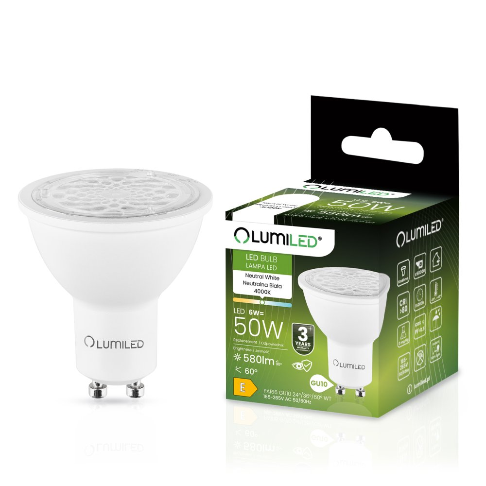 E-shop LED žiarovka GU10 6W = 50W 580lm 4000K Neutrálne nastaviteľné 24° 36° 60° LUMILED
