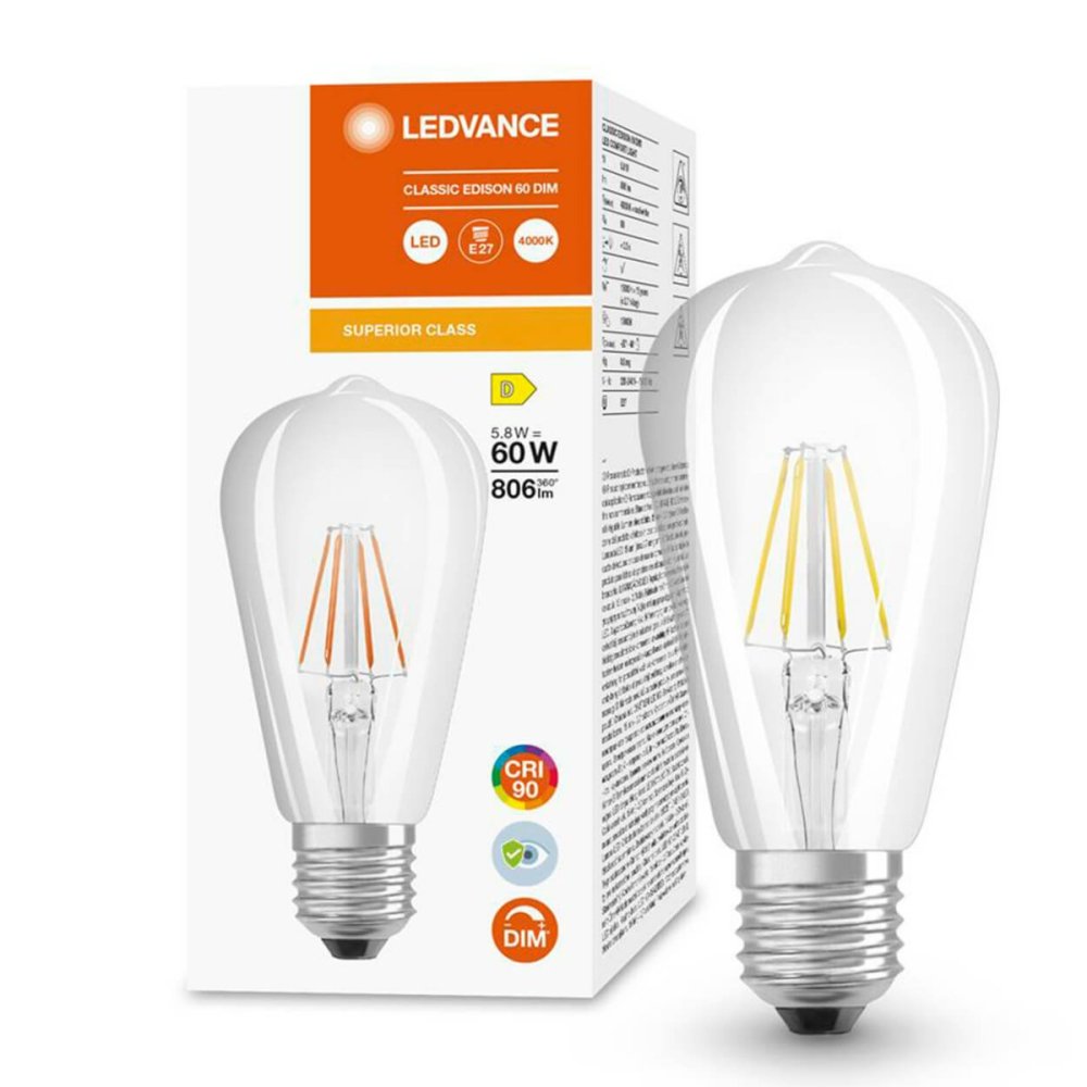 LED Edison E27 ST64 5,8W = 60W 806lm 4000K Neutrálne 300° CRI90 Stmievateľné vlákno LEDVANCE Superior