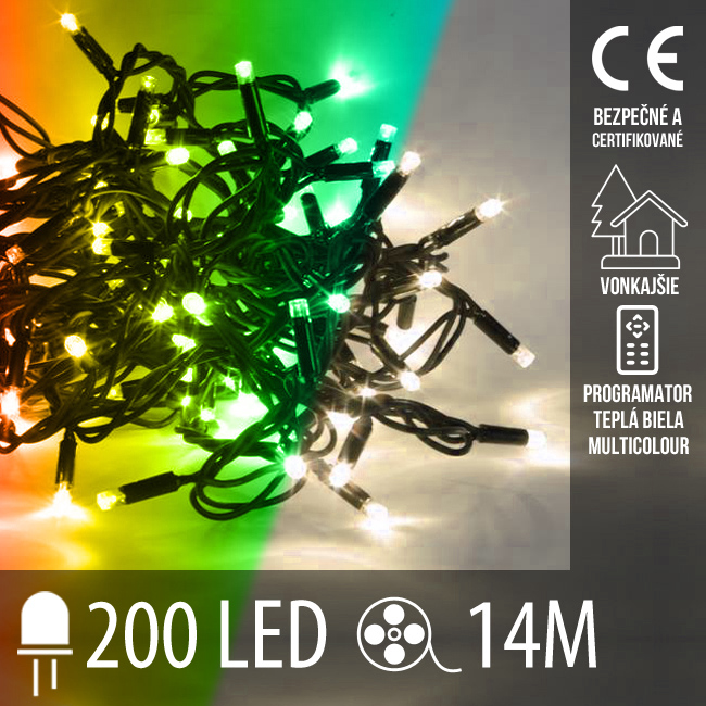Vianočná led svetelná reťaz vonkajšia s časovačom + programátor + 2 farebné variácie - 200led - 14m teplá biela/multicolour