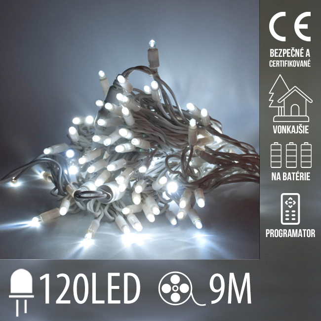 Vianočná led svetelná reťaz vonkajšia na batérie + programator - 120led - 9m studená biela