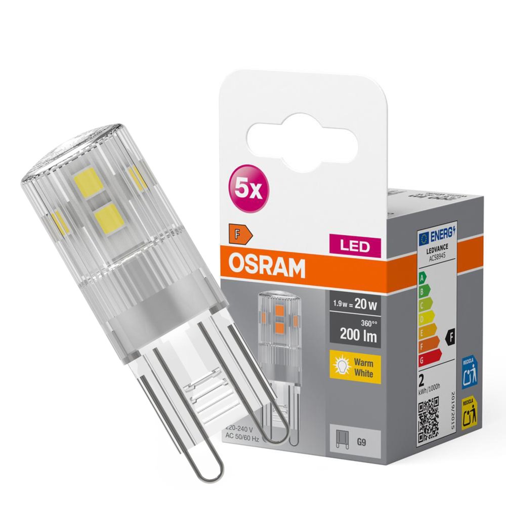 5x LED žiarovka v kapsule G9 1,9W = 20W 200lm 2700K Warm 300° BASE Osram