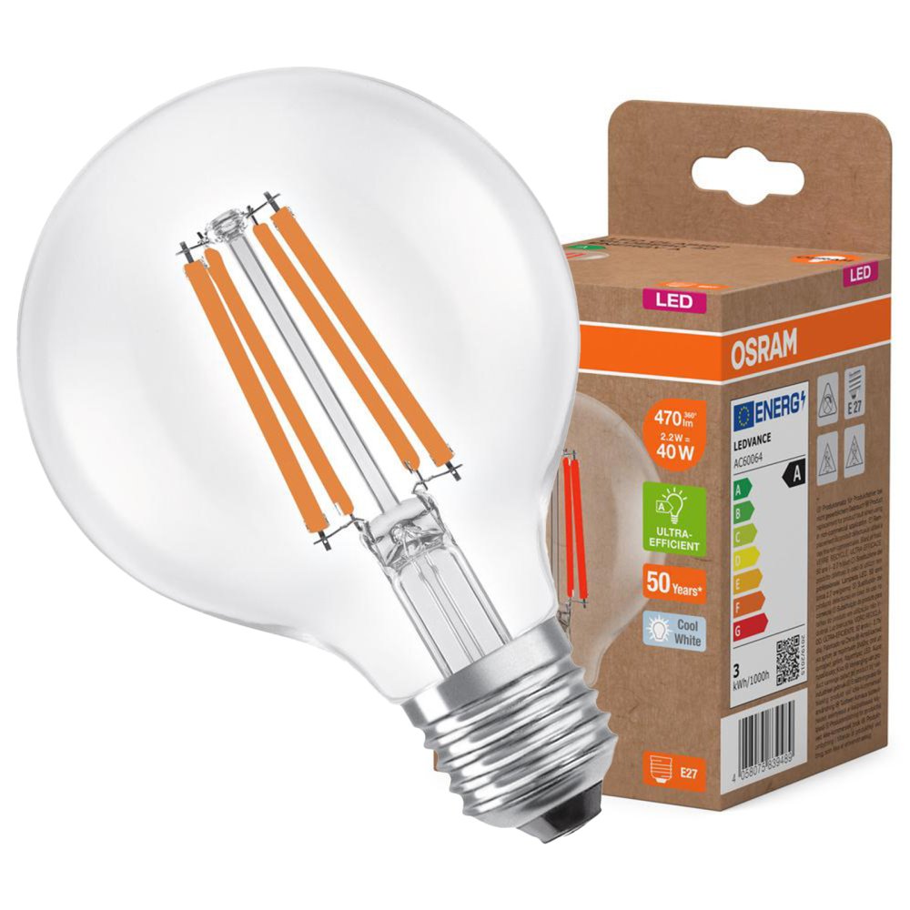LED žiarovka G80 Sphere E27 2,2W = 40W 470lm 4000K Neutrálne 330° vlákno CLASSIC ENERGETICKÁ ÚČINNOSŤ Osram