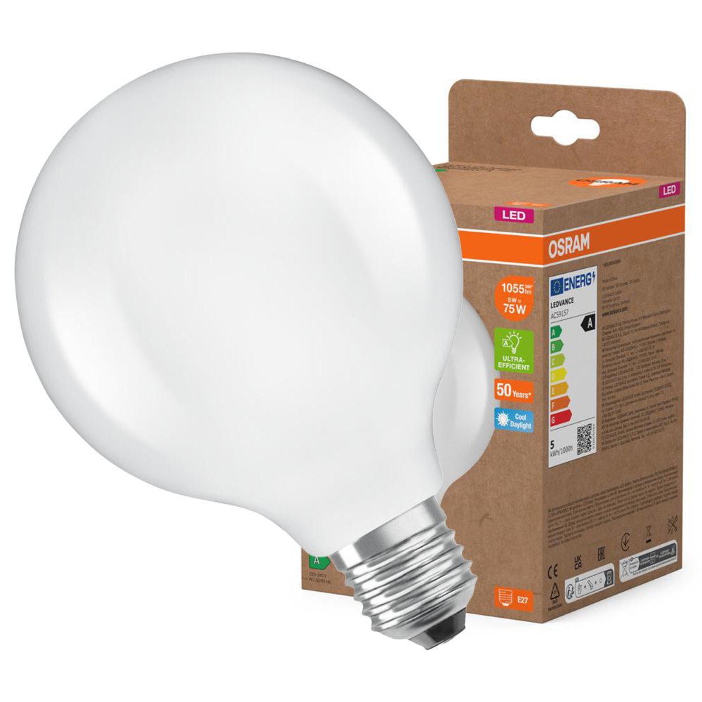 LED žiarovka G95 Sphere E27 5W = 75W 1055lm 6500K Cold 330° Filament CLASSIC ENERGETICKÁ ÚSPORNOSŤ Osram