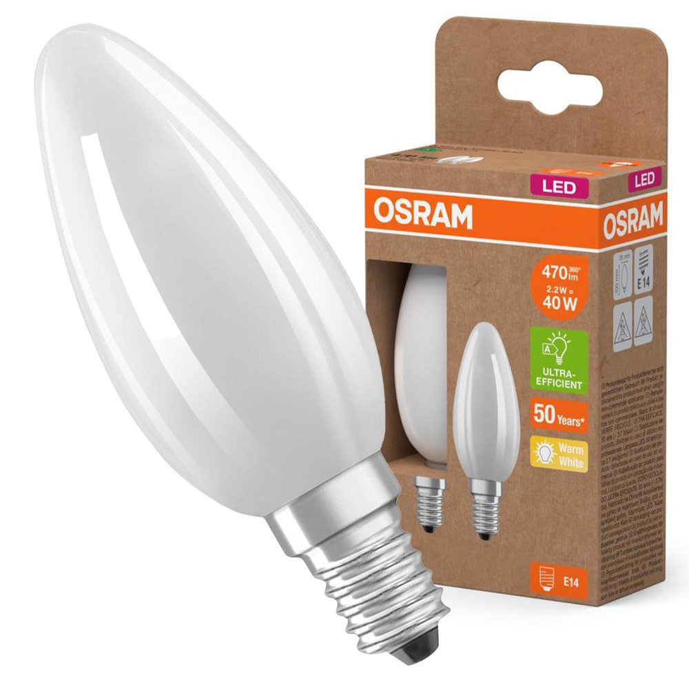 2x LED žiarovka B35 Candle E14 2,2W = 40W 470lm 2700K Warm 330° 214lm/W CLASSIC ENERGETIC EFFICIENCY Osram