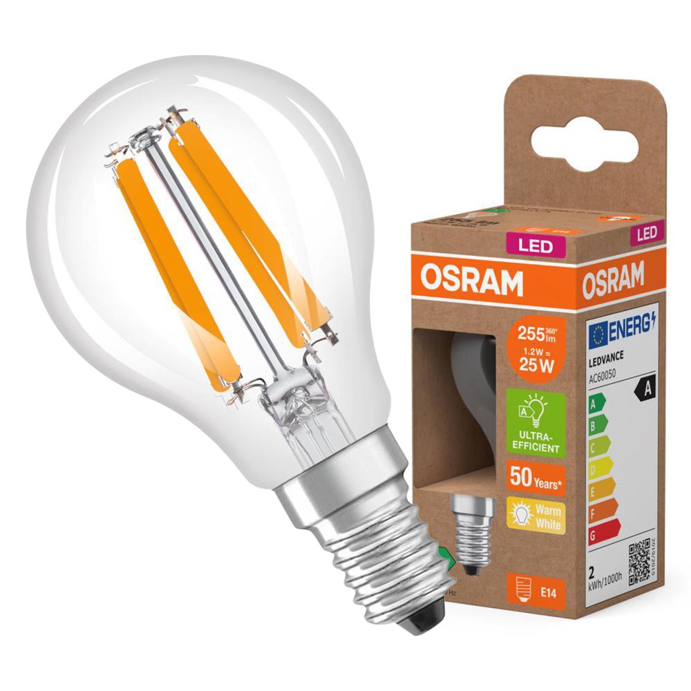 LED žiarovka P45 Ball E14 1,2W = 25W 255lm 2700K Warm 330° 213lm/W CLASSIC ENERGETICKÁ ÚSPORNOSŤ Osram