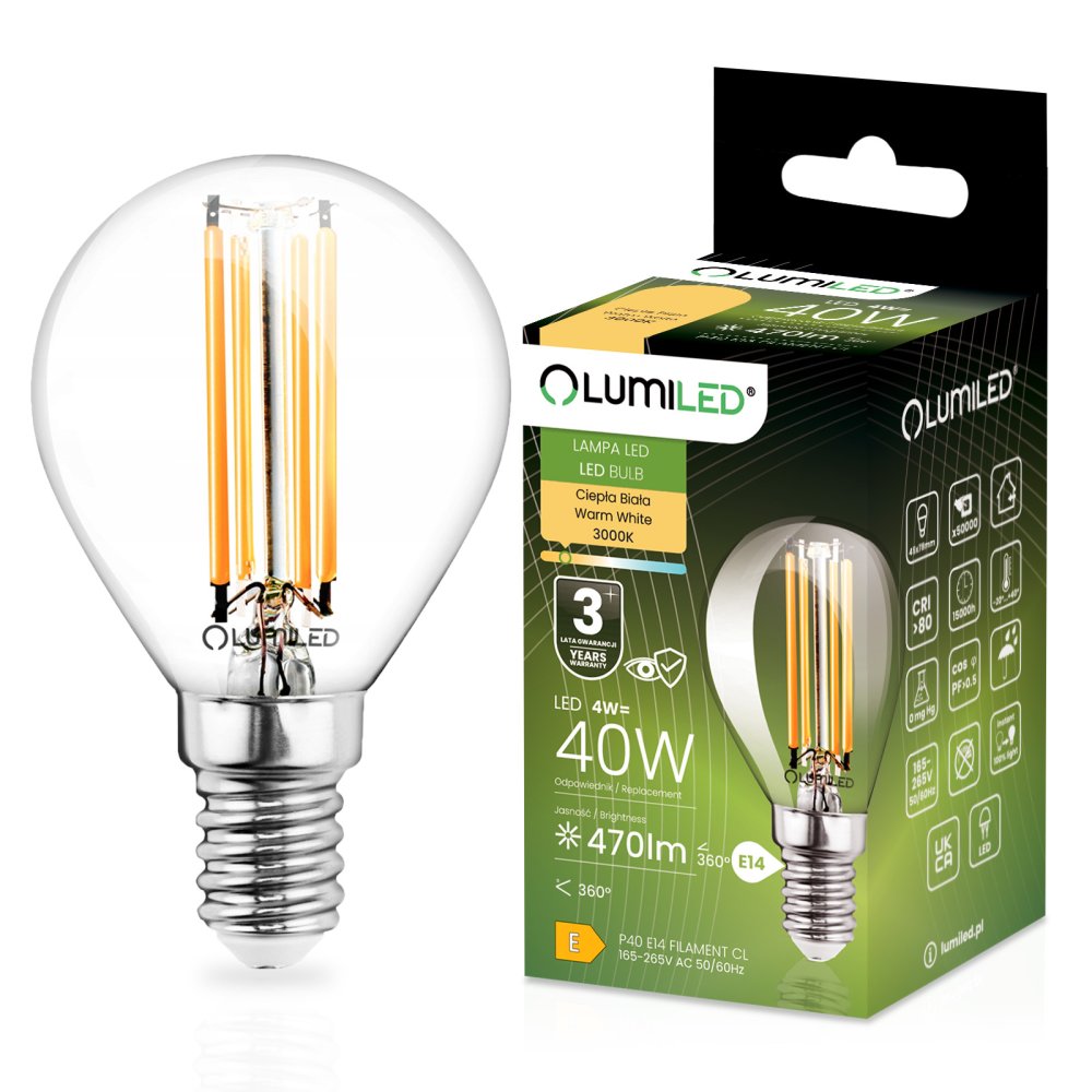 LED žiarovka E14 Ball P45 4W = 40W 470lm 3000K Warm 360° FILAMENT LUMILED