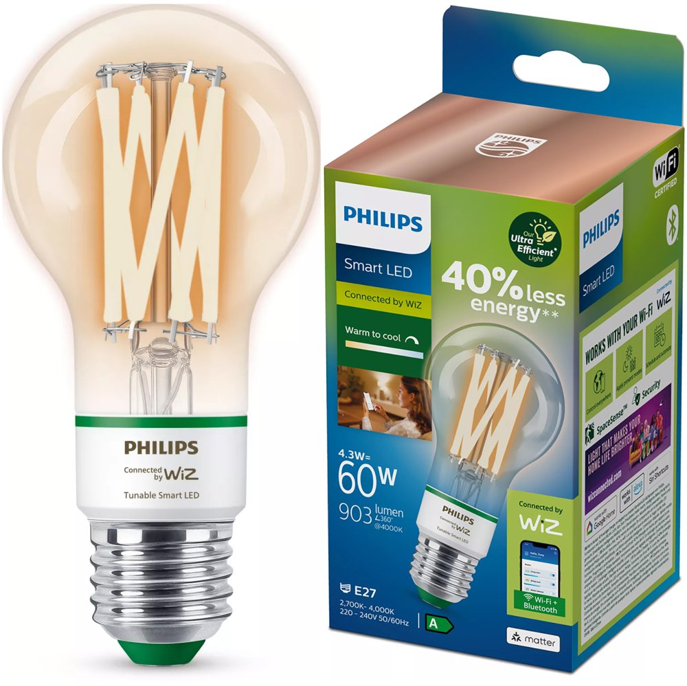 LED žiarovka E27 A60 4,3W = 60W 903lm 2700-4000K TW FILAMENT UltraEfficient Smart SMART WiFi Bluetooth App WiZ Philips
