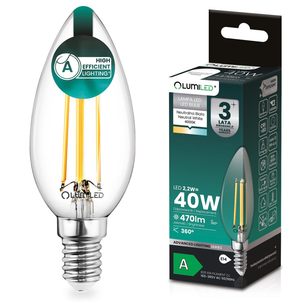 E-shop LED žiarovka E14 sviečka B35 2, 2W 470lm = 40W 4000K neutrálna 360° filament KLASA A Lumiled