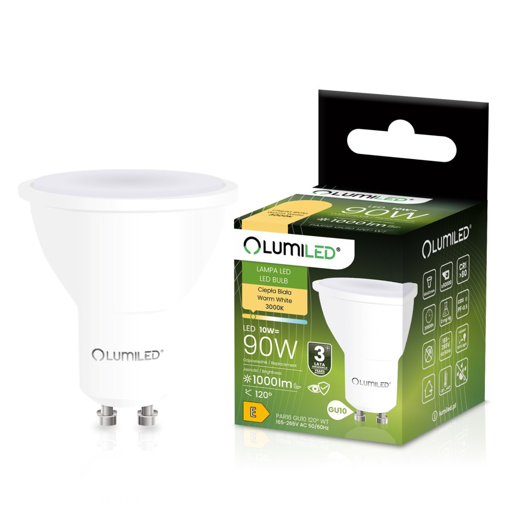 LED žiarovka GU10 reflektor PAR16 10W = 90W 1000lm 3000K teplá 120° LUMILED