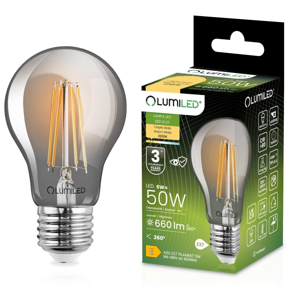 E-shop LED žiarovka A60 E27 6W = 50W 660lm 2200K Warm 360° Filament Smoked LUMILED Smokey