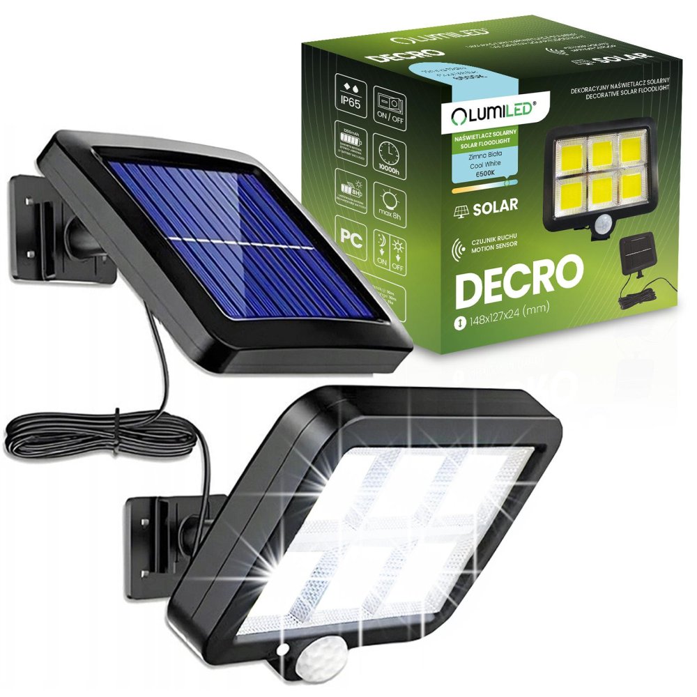 Solárne reflektory LED Halogénová záhradná lampa 6500K IP65 Senzor pohybu a súmraku DECRO LUMILED