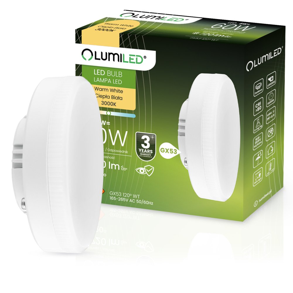 LED žiarovka GX53 8W = 60W 720lm 3000K Warm 120° LUMILED