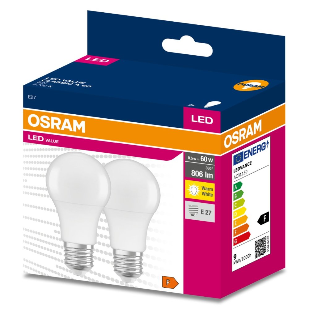 2PAK LED žiarovka E27 A60 8,5W = 60W 806lm 2700K Warm 200° OSRAM VALUE