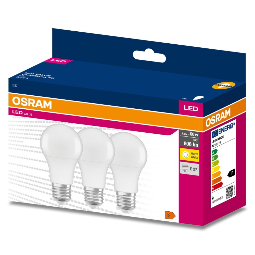 3PAK LED žiarovka E27 A60 8,5W = 60W 806lm 3000K Warm 200° OSRAM VALUE