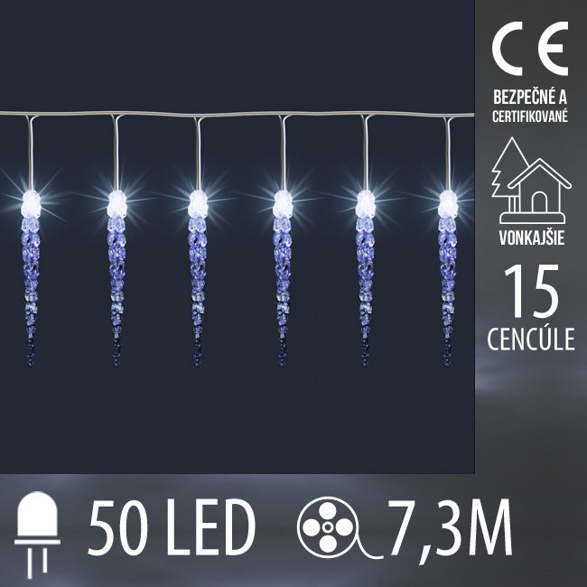 Vianočná led svetelná reťaz vonkajšia - 15 cencúle - 50led - 7,3m studená biela