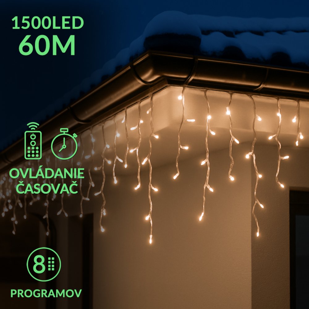 Vianočná led svetelná záclona vonkajšia - programy - časovač + diaľkový ovládač - 1500led - 60m teplá biela