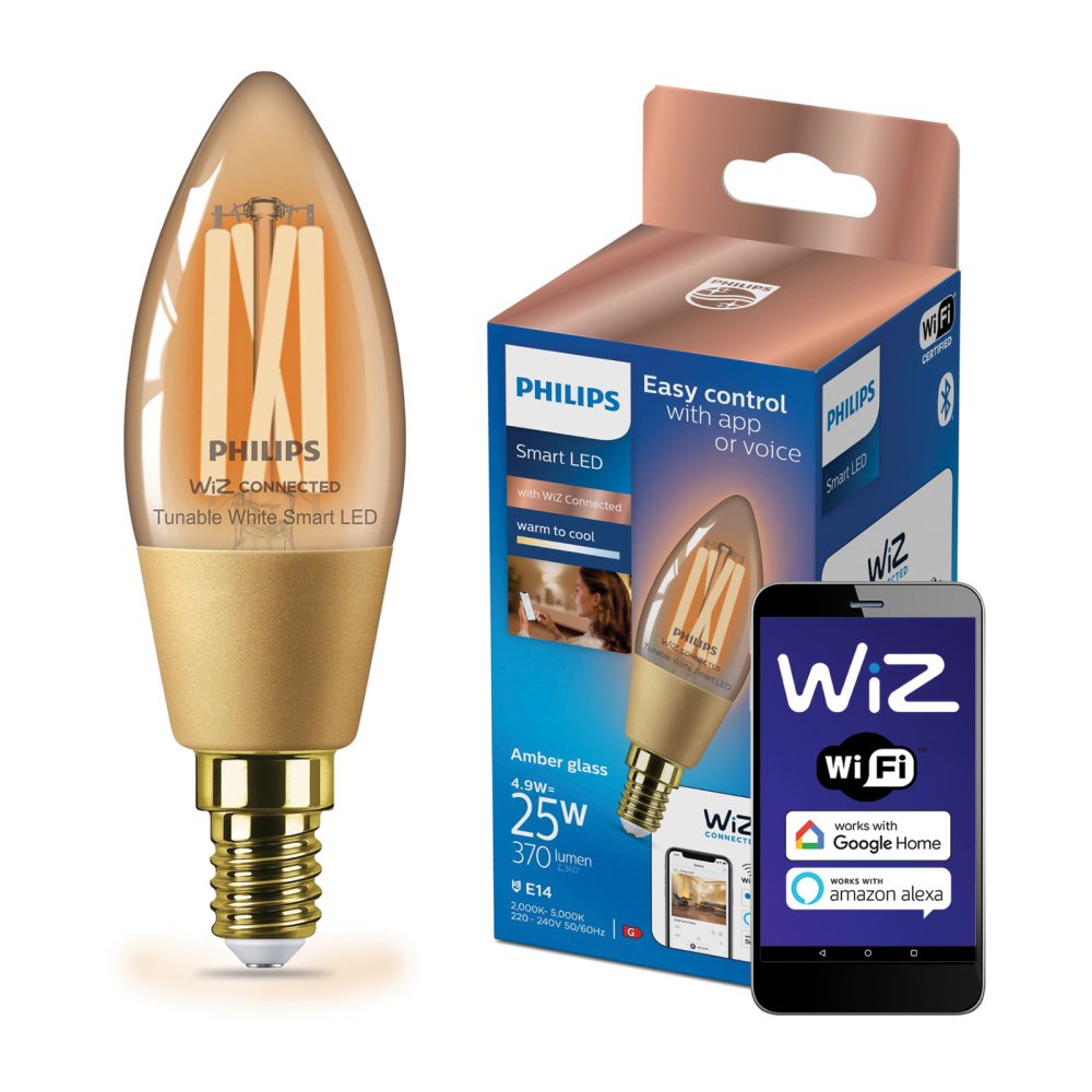 LED žiarovka E14 Candle C35 4,9W = 25W 370lm 2000-5000K TW FILAMENT Amber Smart SMART WiFi Bluetooth App WiZ Philips