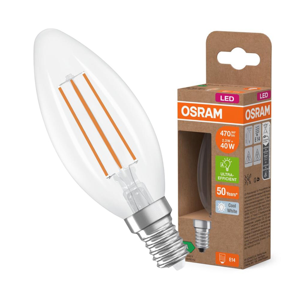 LED žiarovka B35 Candle E14 2,2W = 40W 470lm 4000K Neutrálna 320° 214lm/W Klasická energetická účinnosť Osram