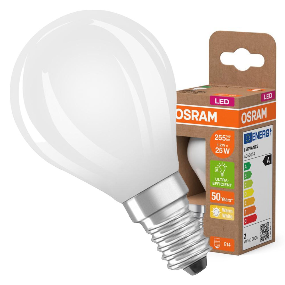 LED žiarovka P45 Ball E14 1,2W = 25W 255lm 2700K Warm 330° 213lm/W CLASSIC ENERGETICKÁ ÚSPORNOSŤ Osram