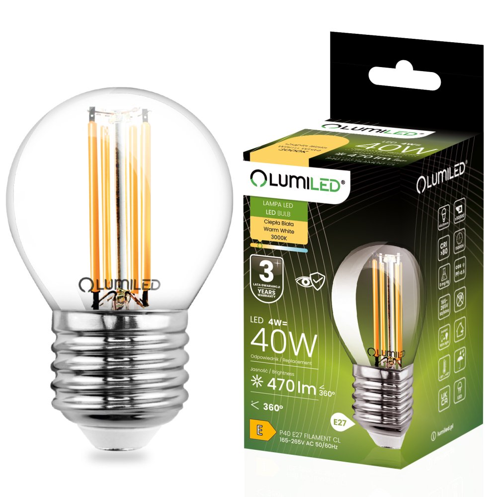 LED žiarovka E27 Ball P45 4W = 40W 470lm 3000K Warm 360° FILAMENT LUMILED