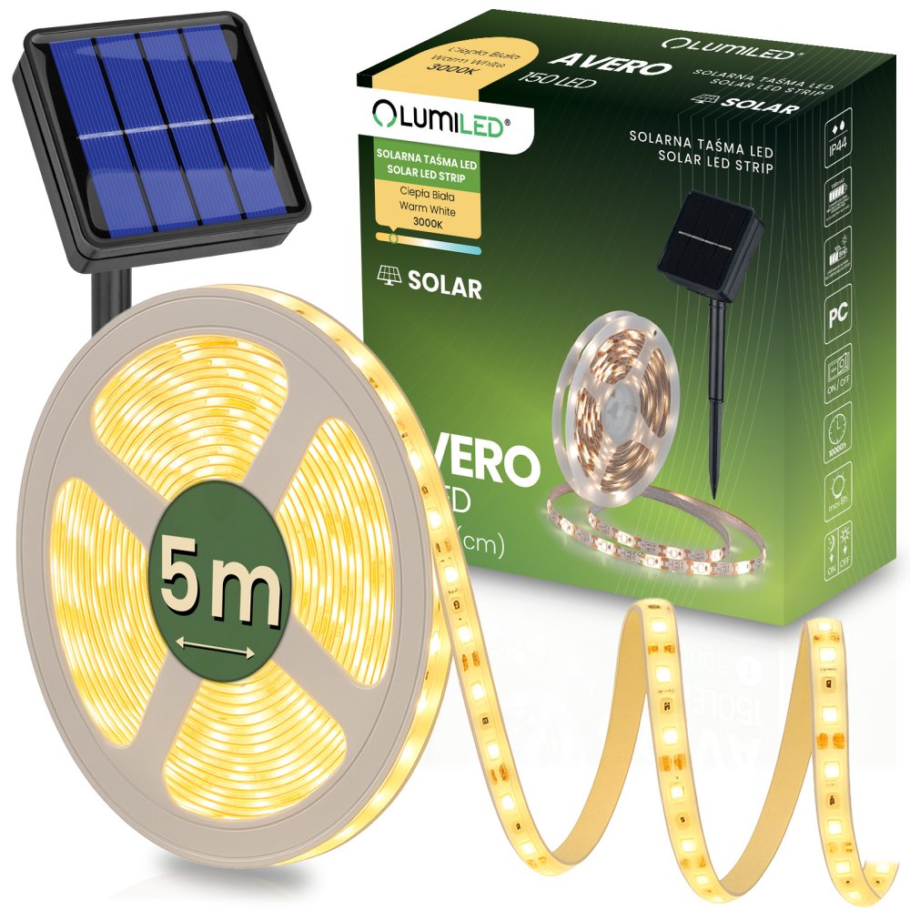LED solárny pás 150x LED AVERO 3000K Warm IP44 5m LUMILED LED solárny pás 150x LED AVERO 3000K Warm IP44 5m LUMILED