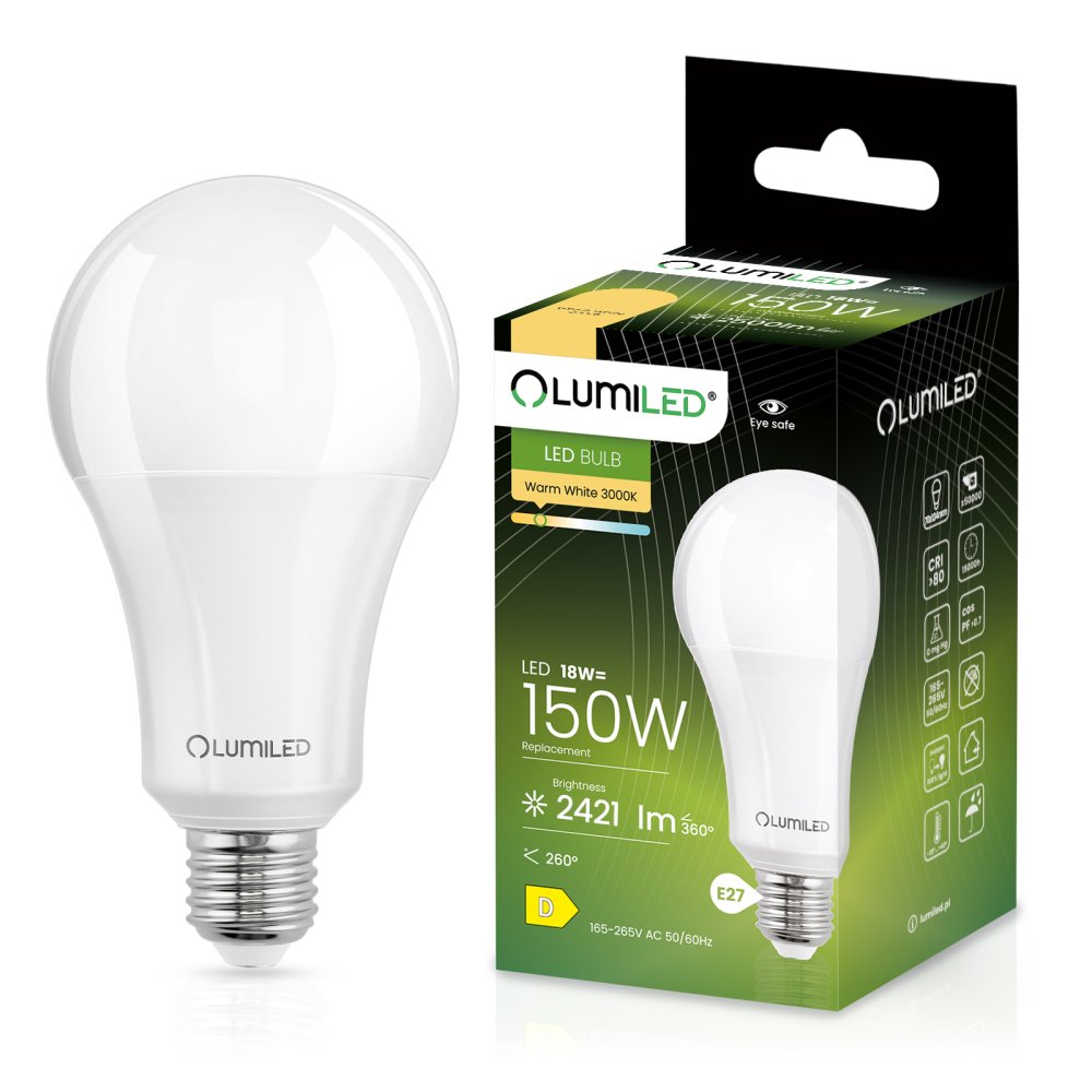 LED žiarovka E27 A70 18W = 150W 2421lm 3000K Warm 260° LUMILED