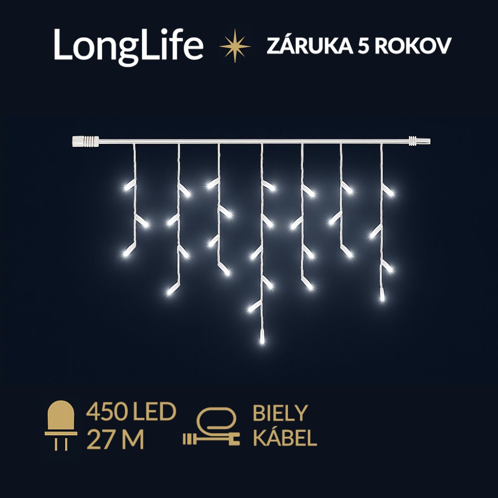 LongLife led svetelná záclona vonkajšia - 450led - 27m studená biela - biely kábel