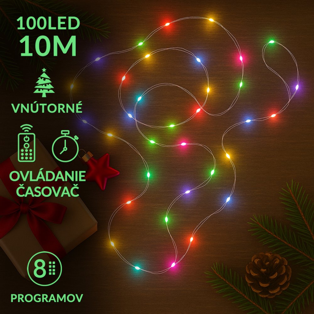 Vianočná led svetelná mikro reťaz vnútorná + diaľkový ovládač - 100led - 10m multicolour