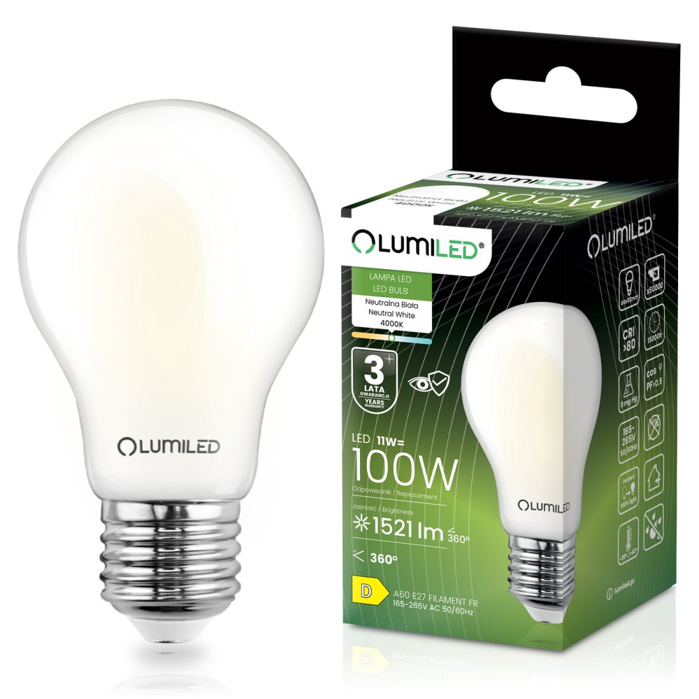 E-shop LED žiarovka E27 A60 11W = 100W 1521lm 4000K neutrálna 360° FILAMENT LUMILED