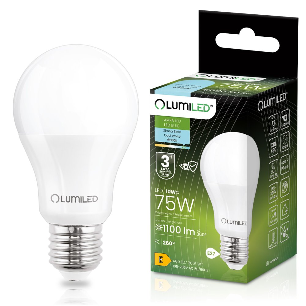 E-shop LED žiarovka E27 A60 10W = 75W 1100lm 6500K studená 260° LUMILED