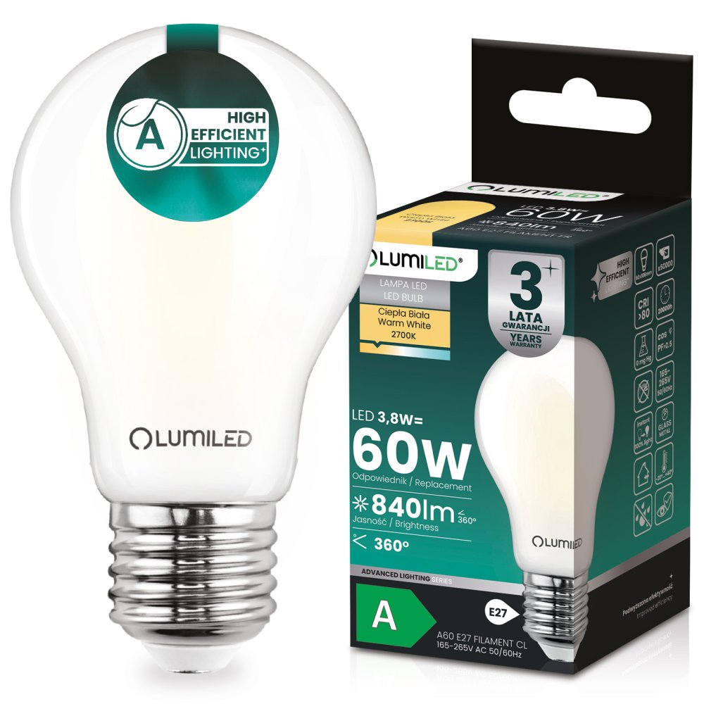 E-shop LED žiarovka E27 A60 3, 8W 840lm = 60W 2700K teplá 360° filament KLASA A LUMILED