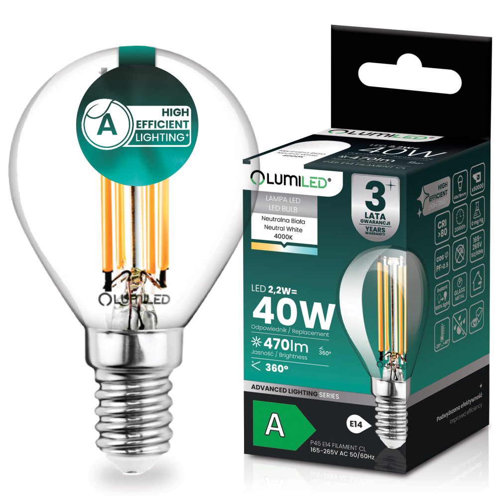 E-shop LED žiarovka E14 guľa P45 2, 2W 470lm = 40W 4000K neutrálna 360° filament KLASA A Lumiled