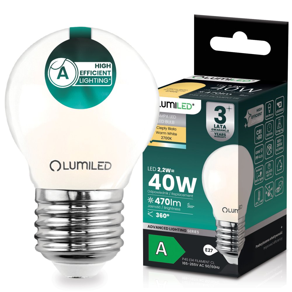 E-shop LED žiarovka E27 guľka P45 2, 2W 470lm = 40W 2700K teplá 360° filament KLASA A LUMILED