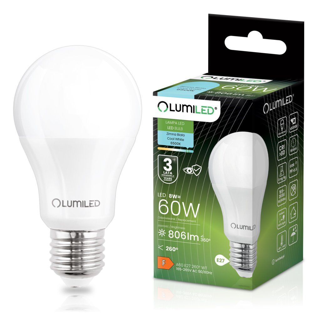 E-shop LED žiarovka E27 A60 8W = 60W 806lm 6500K Cold 260° LUMILED