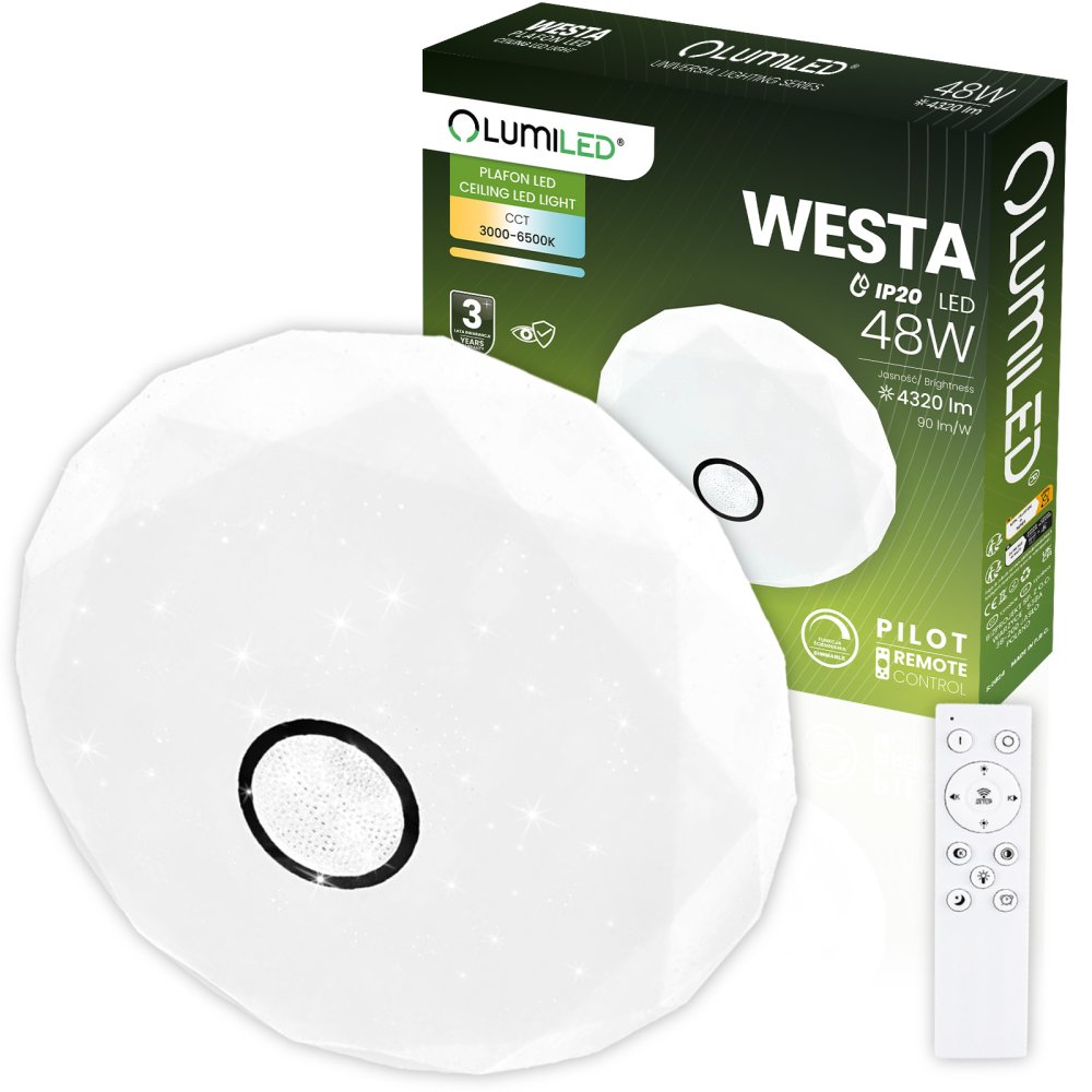 E-shop LED stropný plafón WESTA 48W CCT biely okrúhly 40cm + PILOT LUMILED