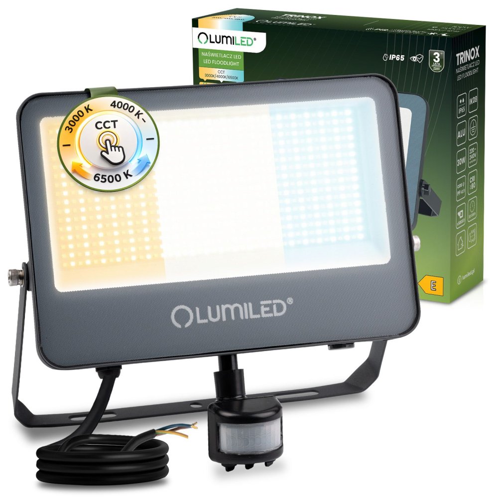 E-shop LED reflektor TRINOX 100W 11000lm CCT IP65 sivý so senzorom pohybu a súmraku LUMILED