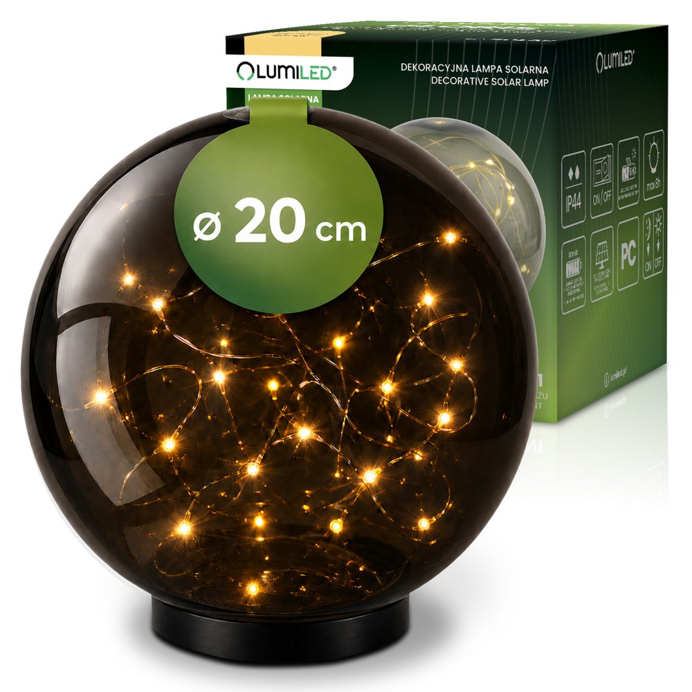 Solárna záhradná lampa LED GLORIS 3000K IP44 zapichovacia pozemná ozdobná guľa dymová 20cm LUMILED