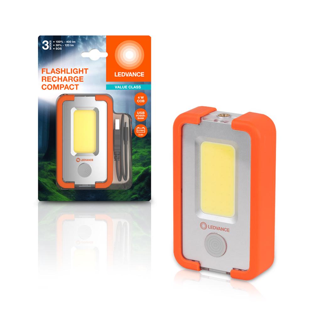 LED dobíjacia kompaktná ručná baterka 4W 400lm 6500K studená powerbanka oranžová baterka Ledvance