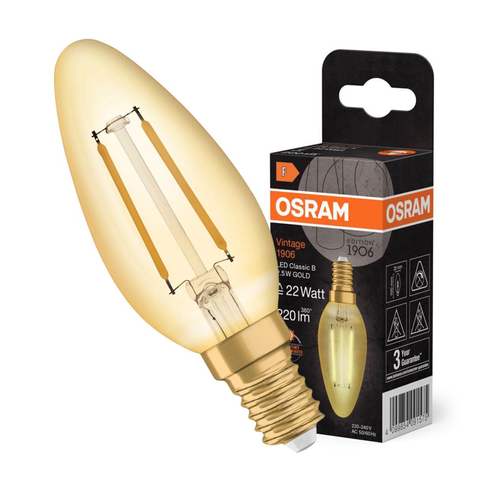 Dekoratívna žiarovka LED B39 Candle E14 2,5W = 22W 220lm 2400K Warm 300° Vintage 1906 Osram
