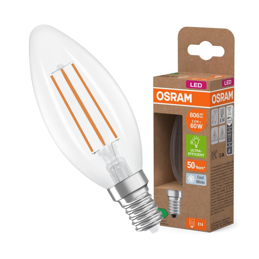 LED žiarovka B35 Candle E14 3,8W = 60W 806lm 4000K Neutral 320° 213lm/W CLASSIC ENERGETICKÁ ÚSPORNOSŤ Osram