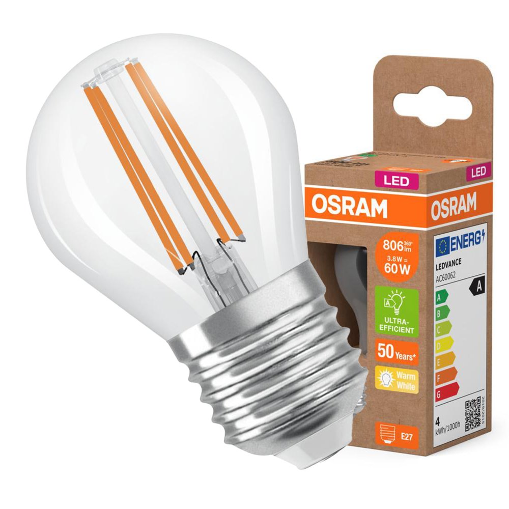 LED žiarovka P45 Ball E27 3,8W = 60W 806lm 2700K Warm 320° 213lm/W CLASSIC ENERGETICKÁ ÚSPORNOSŤ Osram