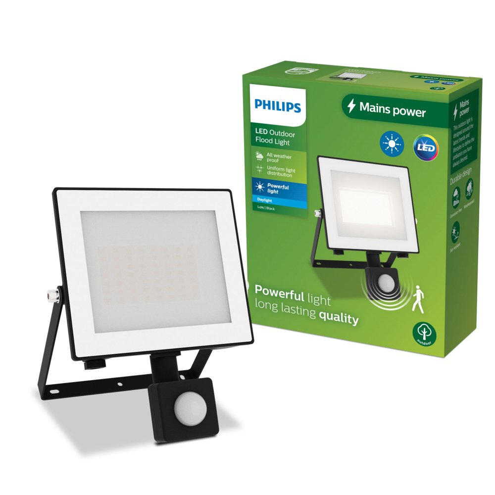 LED reflektor 30W 3200lm 5000K IP65 so senzorom pohybu a súmraku čierny Lois Philips