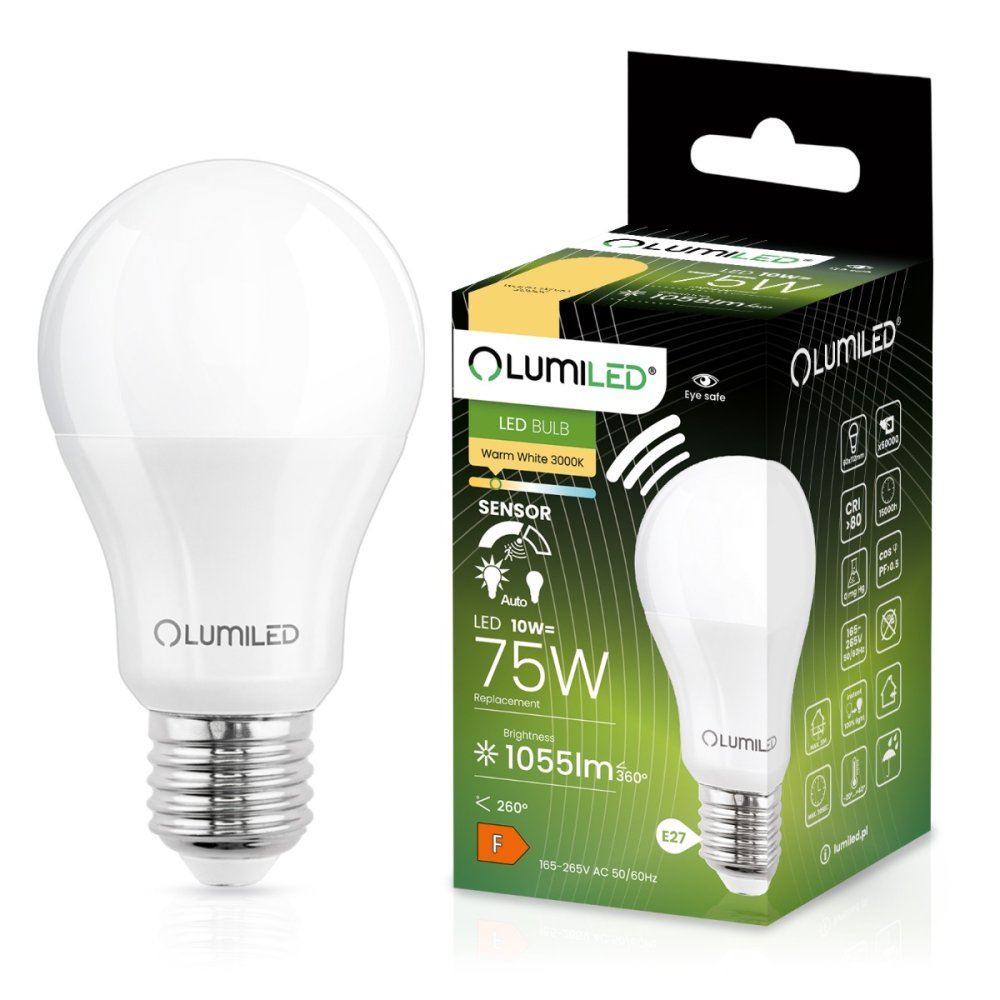 E-shop LED žiarovka E27 A60 10W = 75W 1055lm 3000K teplá 260° so senzorom pohybu LUMILED