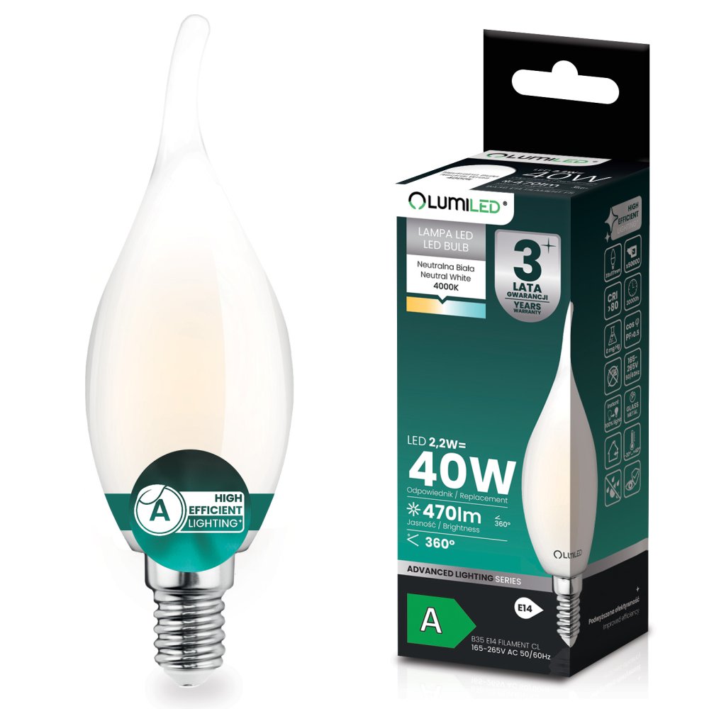 LED žiarovka E14 sviečka BA35 2, 2W 470lm = 40W 4000K neutrálna 360° filament KLASA A LUMILED