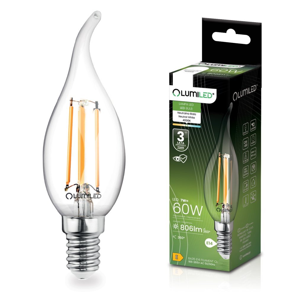 E-shop LED žiarovka Flame BA35 E14 7W 770lm 4000K Neutrálne 360° vlákno LUMILED