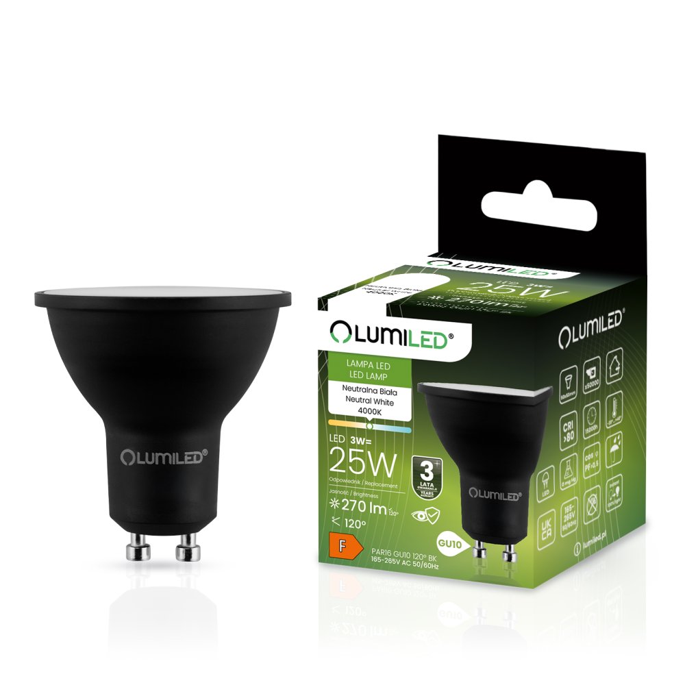 LED žiarovka GU10 3W = 25W 270lm 4000K Neutrálna 120° Čierna LUMILED