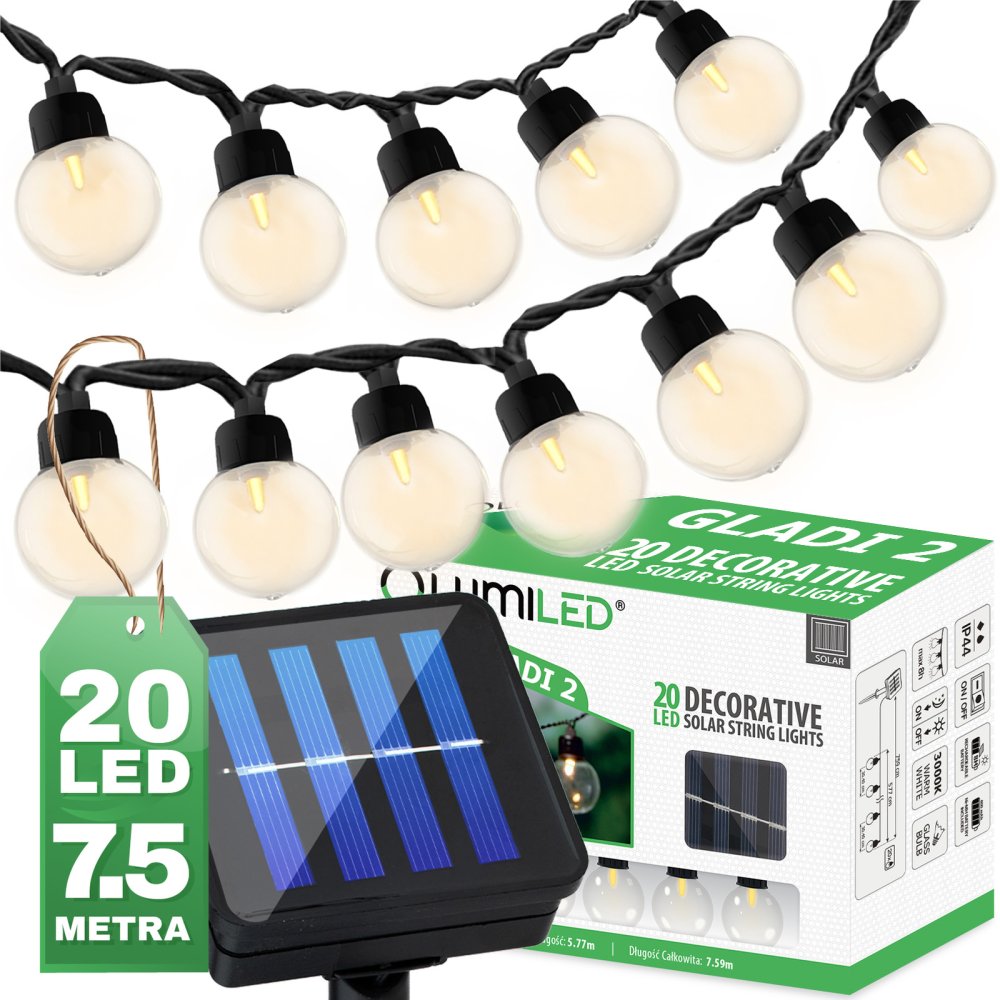 Solárna záhradná girlanda 20x LED okrasné gule 7,5 m teplé 3000K GLADI 2 LUMILED